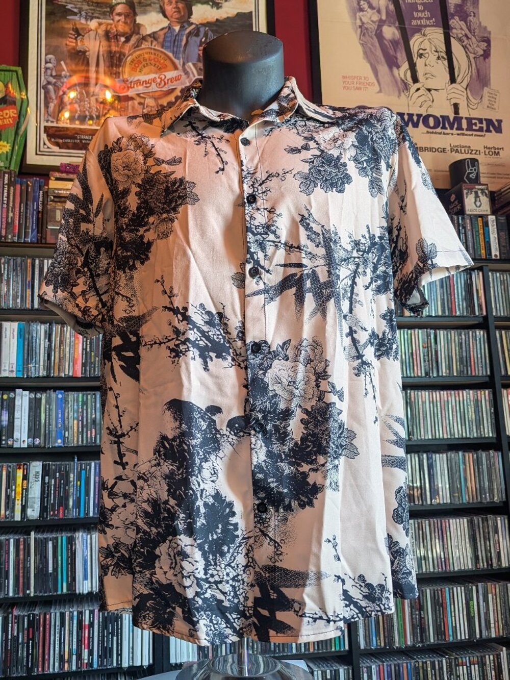 Tan & Black Flowers button-up shirt Men's size L Retro-Style